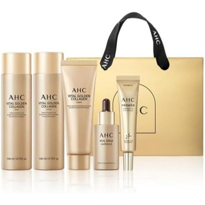 AHC VITAL GOLDEN COLLAGEN SKIN CARE SET - 5-PIECE TRAVEL SKINCARE KIT FOR RADIANT SKIN - INCLUDES TONER, LOTION, AMPOULE, CREAM, EYE CREAM - DEEP HYDRATION & SYNERGY EFFECT - IDEAL GIFT SET FOR WOMEN - Image 1